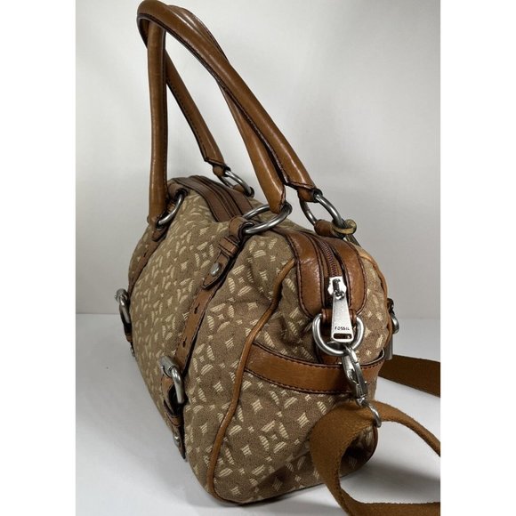 Fossil Brown Patterned Fabric and Leather Satchel Shoulder Bag - Picture 5 of 12